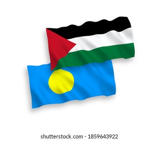 National vector fabric wave flags of Palau and Palestine isolated on white background. 1 to 2 proportion.