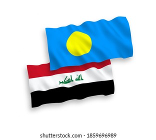 National vector fabric wave flags of Palau and Iraq isolated on white background. 1 to 2 proportion.
