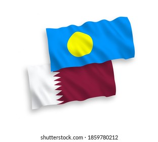 National vector fabric wave flags of Palau and Qatar isolated on white background. 1 to 2 proportion.