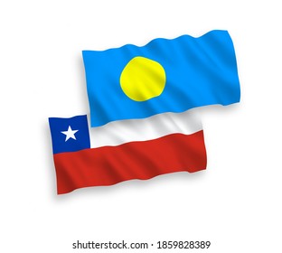 National vector fabric wave flags of Palau and Chile isolated on white background. 1 to 2 proportion.