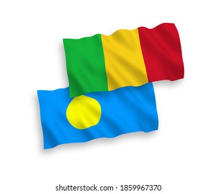 National vector fabric wave flags of Palau and Mali isolated on white background. 1 to 2 proportion.
