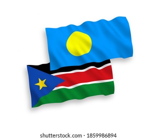 National vector fabric wave flags of Palau and Republic of South Sudan isolated on white background. 1 to 2 proportion.