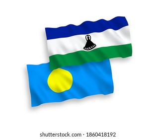 Banderas de olas de tela vectorial nacional de Palau y Lesotho aisladas en fondo blanco. de 1 a 2.