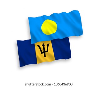 National vector fabric wave flags of Palau and Barbados isolated on white background. 1 to 2 proportion.