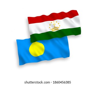 National vector fabric wave flags of Palau and Tajikistan isolated on white background. 1 to 2 proportion.