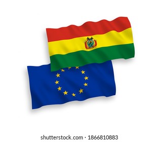National vector fabric wave flags of European Union and Bolivia isolated on white background. 1 to 2 proportion.