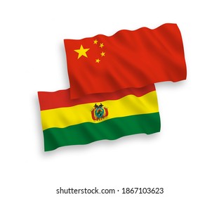 National vector fabric wave flags of Bolivia and China isolated on white background 1 to 2 proportion.
