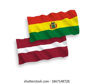 National vector fabric wave flags of Latvia and Bolivia isolated on white background. 1 to 2 proportion.