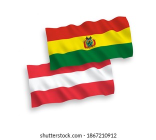 National vector fabric wave flags of Austria and Bolivia isolated on white background. 1 to 2 proportion.