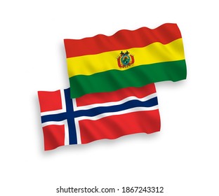 National vector fabric wave flags of Norway and Bolivia isolated on white background. 1 to 2 proportion.