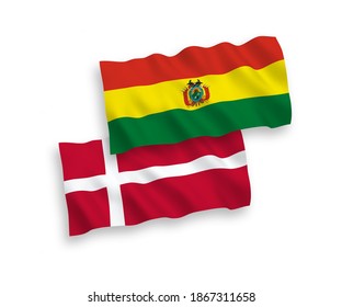 National vector fabric wave flags of Denmark and Bolivia isolated on white background. 1 to 2 proportion.