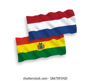 National vector fabric wave flags of Bolivia and Netherlands isolated on white background. 1 to 2 proportion.
