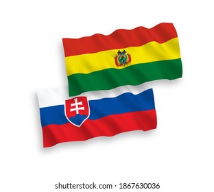 National vector fabric wave flags of Slovakia and Bolivia isolated on white background. 1 to 2 proportion.