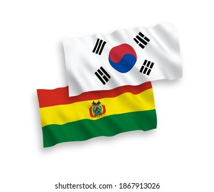 National vector fabric wave flags of South Korea and Bolivia isolated on white background. 1 to 2 proportion.
