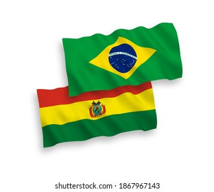 National vector fabric wave flags of Brazil and Bolivia isolated on white background. 1 to 2 proportion.