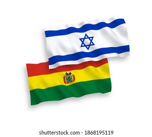 National vector fabric wave flags of Bolivia and Israel isolated on white background. 1 to 2 proportion.