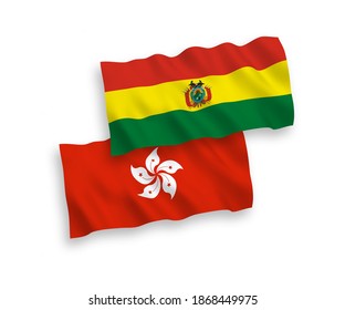 Nationale Vektor-Wellen-Flaggen von Bolivien und Hongkong einzeln auf weißem Hintergrund. 1 bis 2 %.