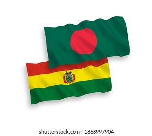 National vector fabric wave flags of Bolivia and Bangladesh isolated on white background. 1 to 2 proportion.