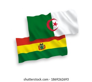 National vector fabric wave flags of Bolivia and Algeria isolated on white background. 1 to 2 proportion.