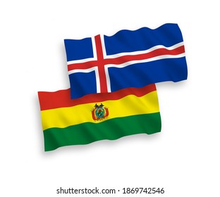 Banderas de olas de tela vectorial nacional de Bolivia e Islandia aisladas en fondo blanco. de 1 a 2.