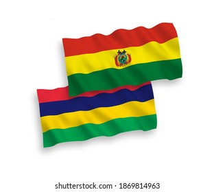 National vector fabric wave flags of Bolivia and Republic of Mauritius isolated on white background. 1 to 2 proportion.