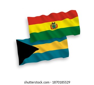 National vector fabric wave flags of Bolivia and Commonwealth of The Bahamas isolated on white background. 1 to 2 proportion.