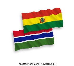 National vector fabric wave flags of Bolivia and Republic of Gambia isolated on white background. 1 to 2 proportion.