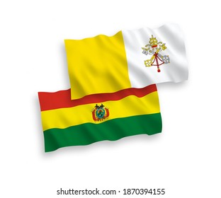 National vector fabric wave flags of Bolivia and Vatican isolated on white background. 1 to 2 proportion.