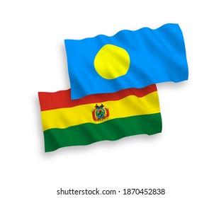 National vector fabric wave flags of Bolivia and Palau isolated on white background. 1 to 2 proportion.