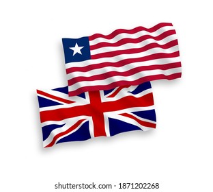 National vector fabric wave flags of Great Britain and Liberia isolated on white background. 1 to 2 proportion.