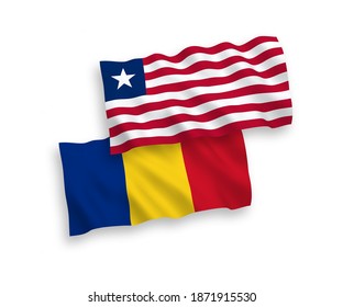 National vector fabric wave flags of Romania and Liberia isolated on white background. 1 to 2 proportion.