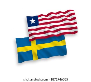 National vector fabric wave flags of Sweden and Liberia isolated on white background. 1 to 2 proportion.