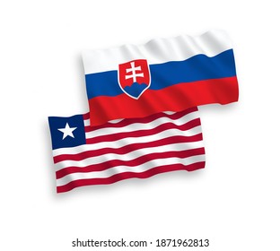 National vector fabric wave flags of Slovakia and Liberia isolated on white background. 1 to 2 proportion.