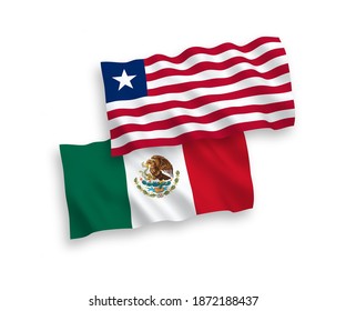 National vector fabric wave flags of Mexico and Liberia isolated on white background. 1 to 2 proportion.