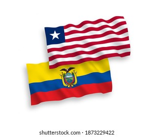 National vector fabric wave flags of Liberia and Ecuador isolated on white background. 1 to 2 proportion.