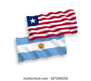 National vector fabric wave flags of Liberia and Argentina isolated on white background. 1 to 2 proportion.