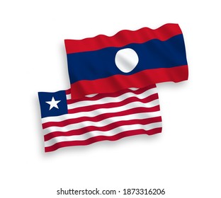 National vector fabric wave flags of Liberia and Laos isolated on white background. 1 to 2 proportion.