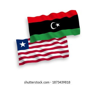 National vector fabric wave flags of Liberia and Libya isolated on white background. 1 to 2 proportion.