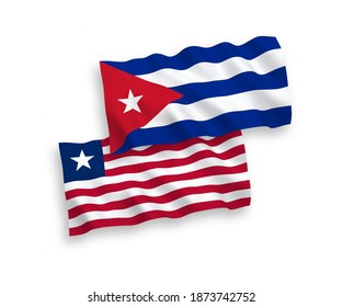 Banderas de olas de tela vectorial nacional de Liberia y Cuba aisladas en fondo blanco. de 1 a 2.