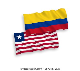 National vector fabric wave flags of Liberia and Colombia isolated on white background. 1 to 2 proportion.
