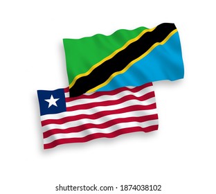 Banderas de olas de tela vectorial nacional de Liberia y Tanzania aisladas en fondo blanco. de 1 a 2.