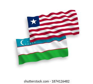 National vector fabric wave flags of Liberia and Uzbekistan isolated on white background. 1 to 2 proportion.