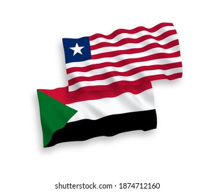 National vector fabric wave flags of Liberia and Sudan isolated on white background. 1 to 2 proportion.