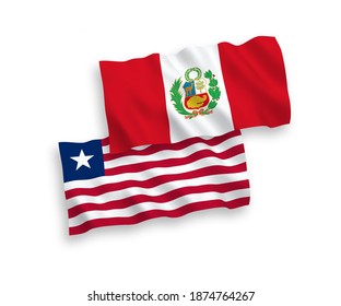 National vector fabric wave flags of Liberia and Peru isolated on white background. 1 to 2 proportion.