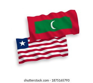 National vector fabric wave flags of Liberia and Maldives isolated on white background. 1 to 2 proportion.