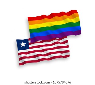 National vector fabric wave flags of Liberia and Rainbow gay pride isolated on white background. 1 to 2 proportion.