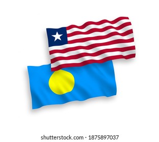 National vector fabric wave flags of Liberia and Palau isolated on white background. 1 to 2 proportion.