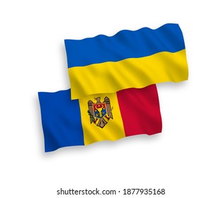 National vector fabric wave flags of Moldova and Ukraine isolated on white background. 1 to 2 proportion.