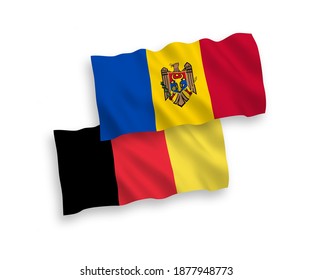 National vector fabric wave flags of Moldova and Belgium isolated on white background. 1 to 2 proportion.