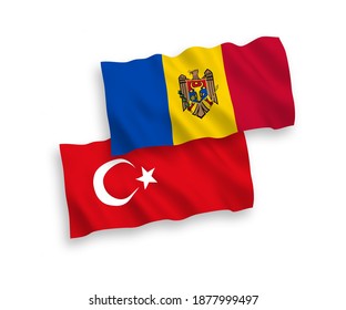 National vector fabric wave flags of Turkey and Moldova isolated on white background. 1 to 2 proportion.